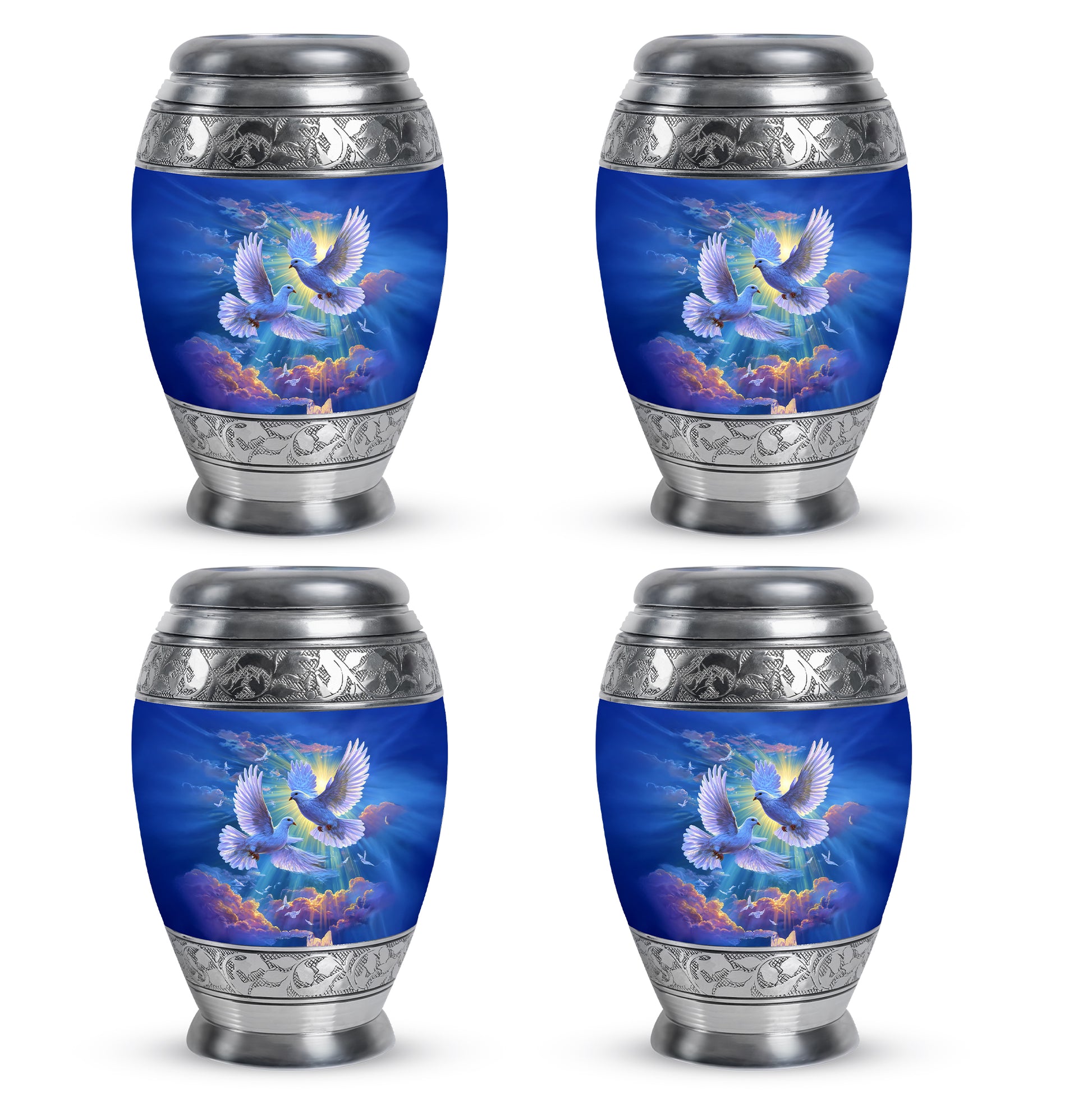 Powder Blue Dove Cremation Urn urn with complimentary velvet bag - ornate monarch-style dove relief on brushed aluminum - 10 inch aluminum urn for cremated remains