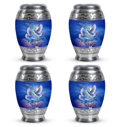 Powder Blue Dove Cremation Urn urn with complimentary velvet bag - ornate monarch-style dove relief on brushed aluminum - 10 inch aluminum urn for cremated remains