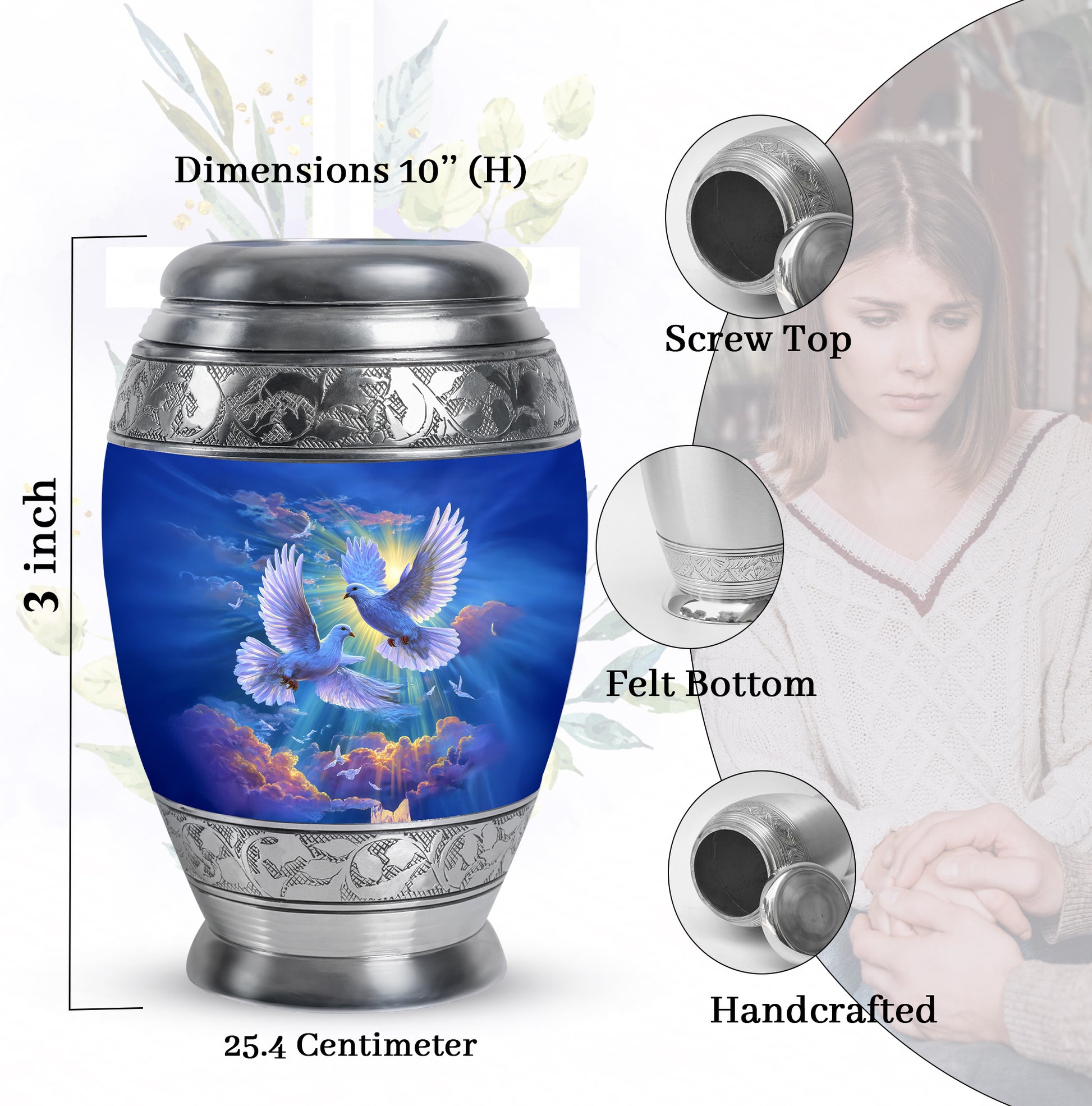 Calming Blue Dove Cremation Urn lifestyle display on memorial shelf - royal dove engraving with decorative scrollwork - mini keepsake memorial for portion of cremation ashes