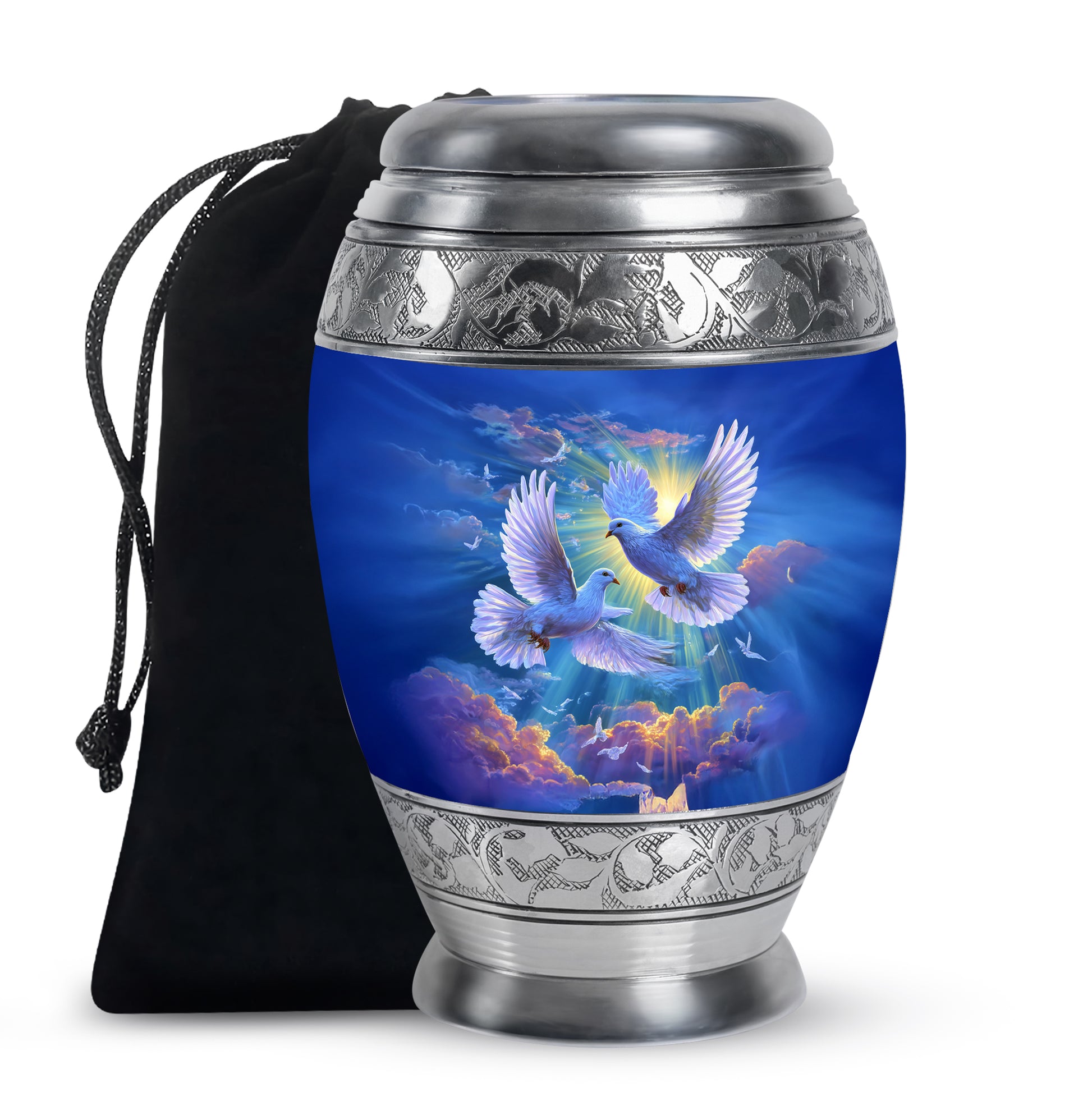 Pastel Blue Dove Cremation Urn back view with polished surface - regal dove design with crown-inspired accents - full-size 10 inch 200 cubic inch adult cremation urn