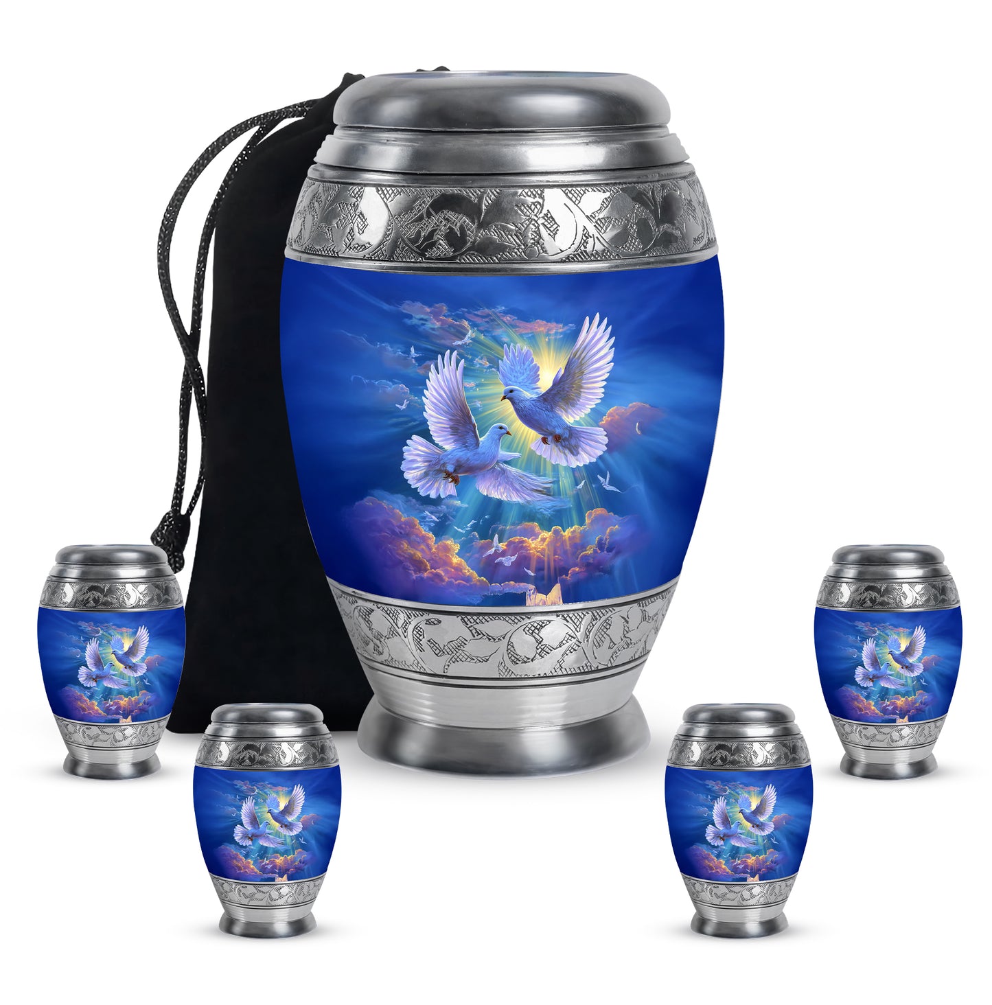Sapphire Blue Dove Cremation Urn detail view - royal dove engraving with decorative scrollwork - memorial set with one large and four small urns