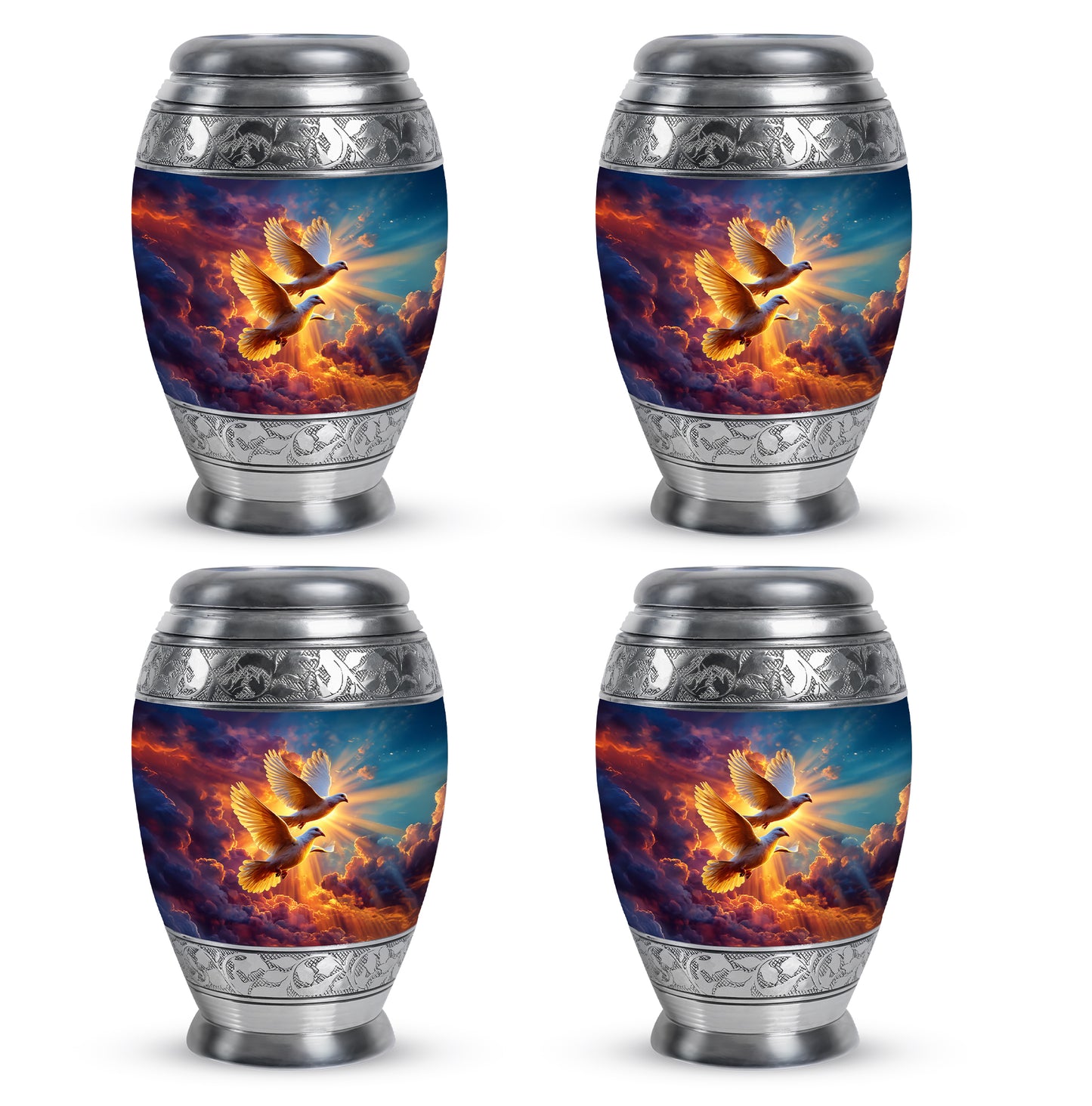 Twilight Blue Dove Cremation Urn urn with complimentary velvet bag - majestic dove pattern with filigree border - 10 inch aluminum urn for cremated remains
