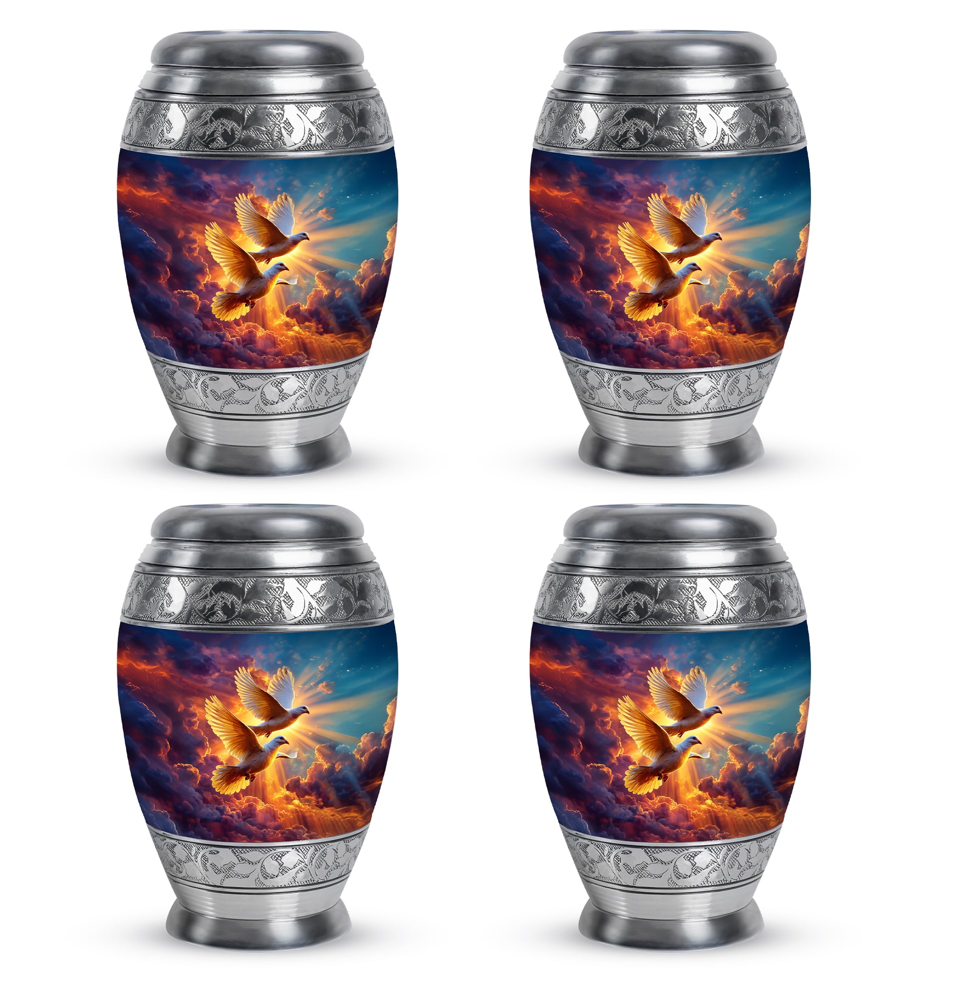 Twilight Blue Dove Cremation Urn urn with complimentary velvet bag - majestic dove pattern with filigree border - 10 inch aluminum urn for cremated remains