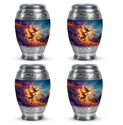 Twilight Blue Dove Cremation Urn urn with complimentary velvet bag - majestic dove pattern with filigree border - 10 inch aluminum urn for cremated remains