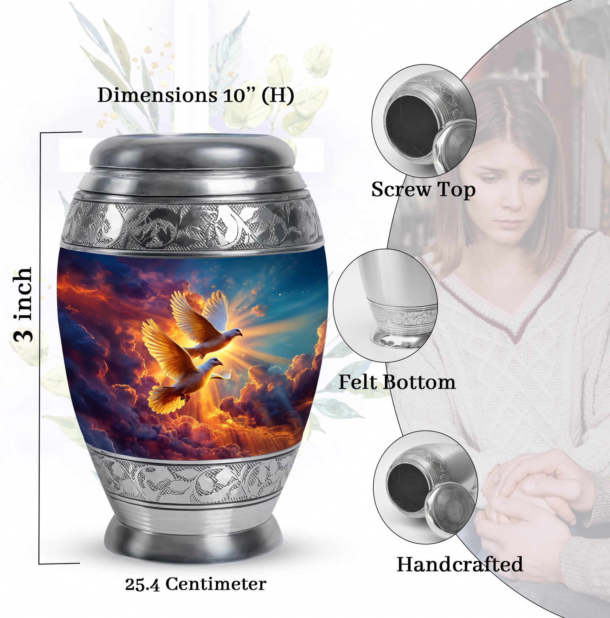 Celestial Blue Dove Cremation Urn lifestyle display on memorial shelf - ornate monarch-style dove relief on brushed aluminum - mini keepsake memorial for portion of cremation ashes