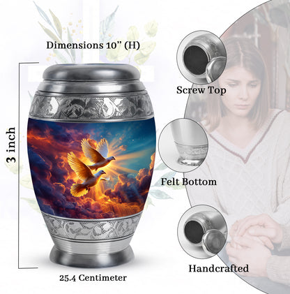 Celestial Blue Dove Cremation Urn lifestyle display on memorial shelf - ornate monarch-style dove relief on brushed aluminum - mini keepsake memorial for portion of cremation ashes