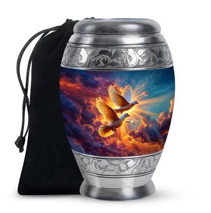 Powder Blue Dove Cremation Urn back view with polished surface - ornate monarch-style dove relief on brushed aluminum - full-size 10 inch 200 cubic inch adult cremation urn