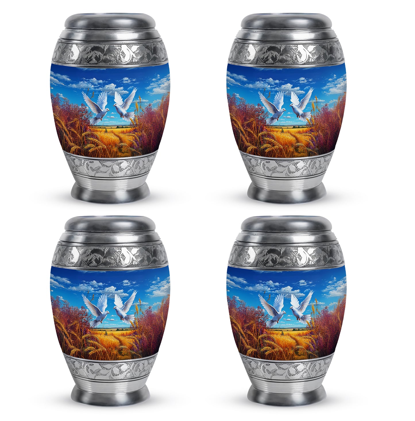 Bright Blue Dove Cremation Urn urn with complimentary velvet bag - majestic dove pattern with filigree border - 10 inch aluminum urn for cremated remains