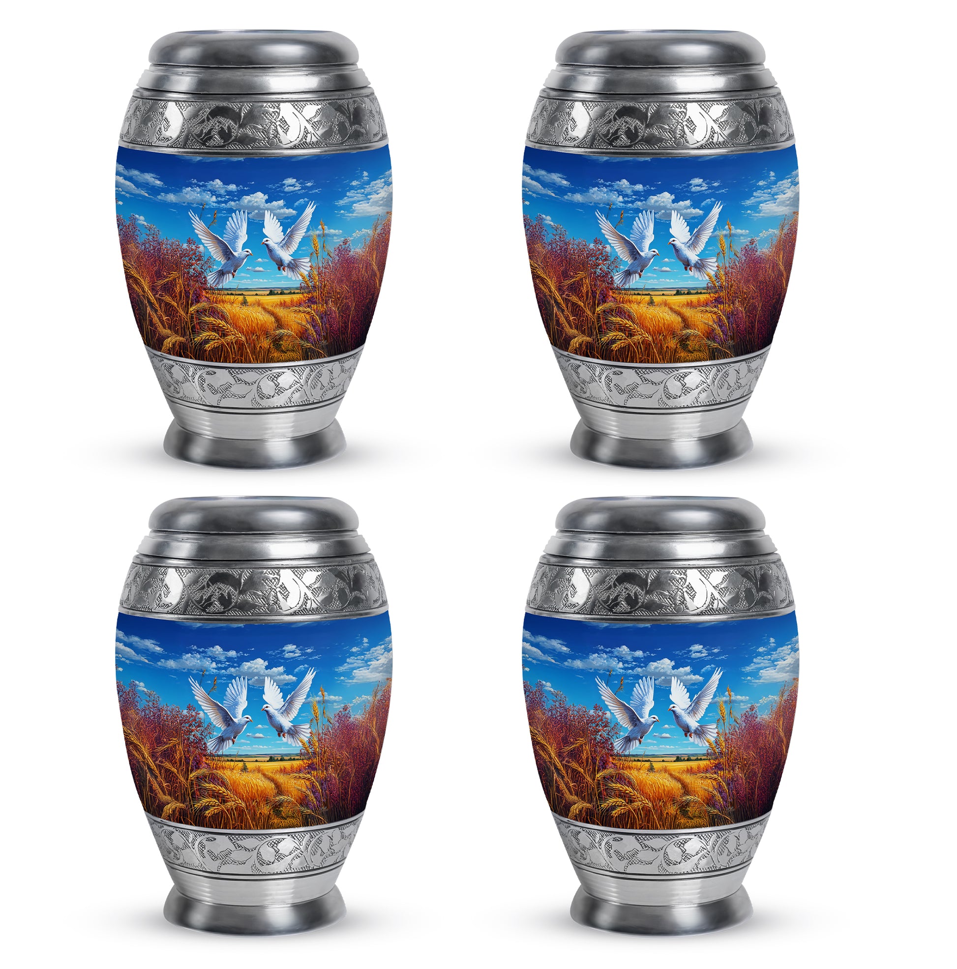Bright Blue Dove Cremation Urn urn with complimentary velvet bag - majestic dove pattern with filigree border - 10 inch aluminum urn for cremated remains