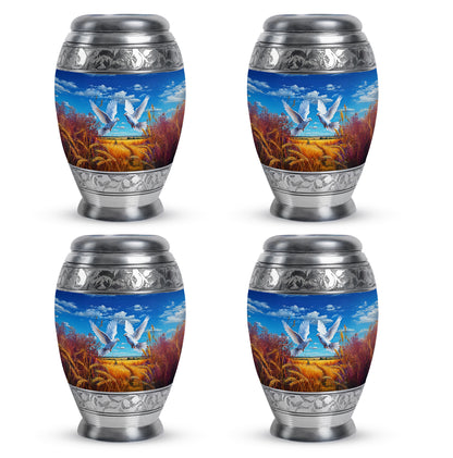 Bright Blue Dove Cremation Urn urn with complimentary velvet bag - majestic dove pattern with filigree border - 10 inch aluminum urn for cremated remains