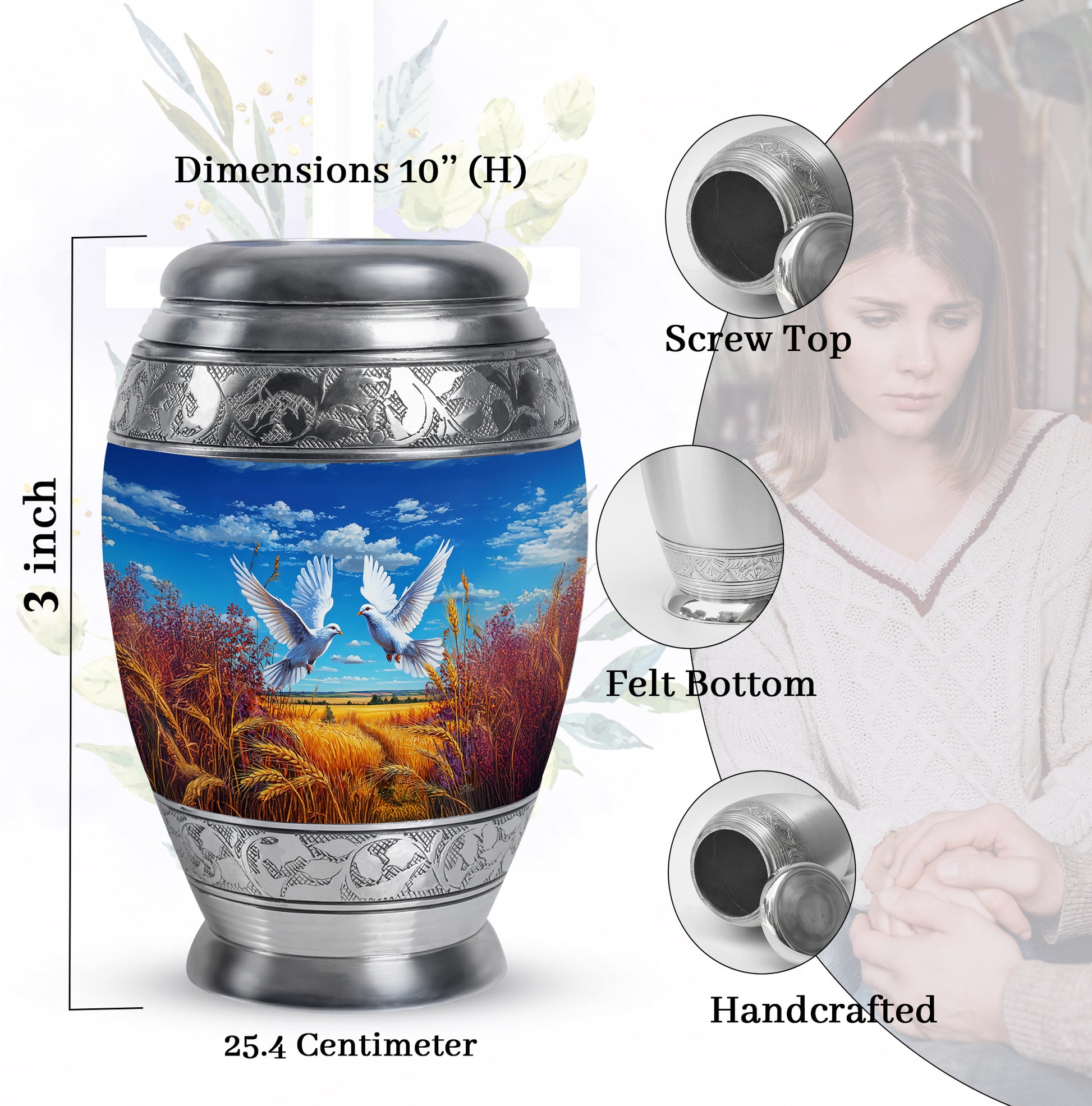 Royal Blue Dove Cremation Urn lifestyle display on memorial shelf - royal dove engraving with decorative scrollwork - mini keepsake memorial for portion of cremation ashes