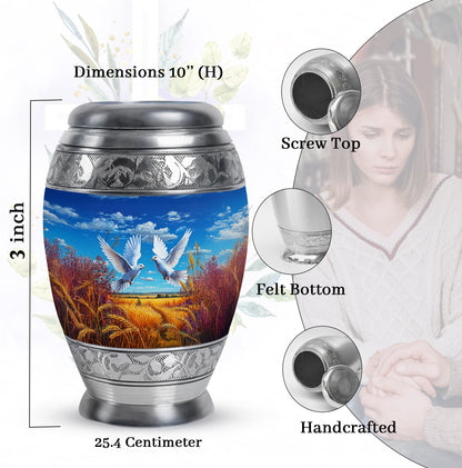 Royal Blue Dove Cremation Urn lifestyle display on memorial shelf - royal dove engraving with decorative scrollwork - mini keepsake memorial for portion of cremation ashes