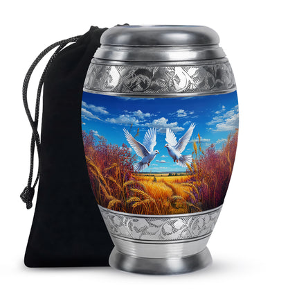 Soft Blue Dove Cremation Urn back view with polished surface - majestic dove pattern with filigree border - full-size 10 inch 200 cubic inch adult cremation urn