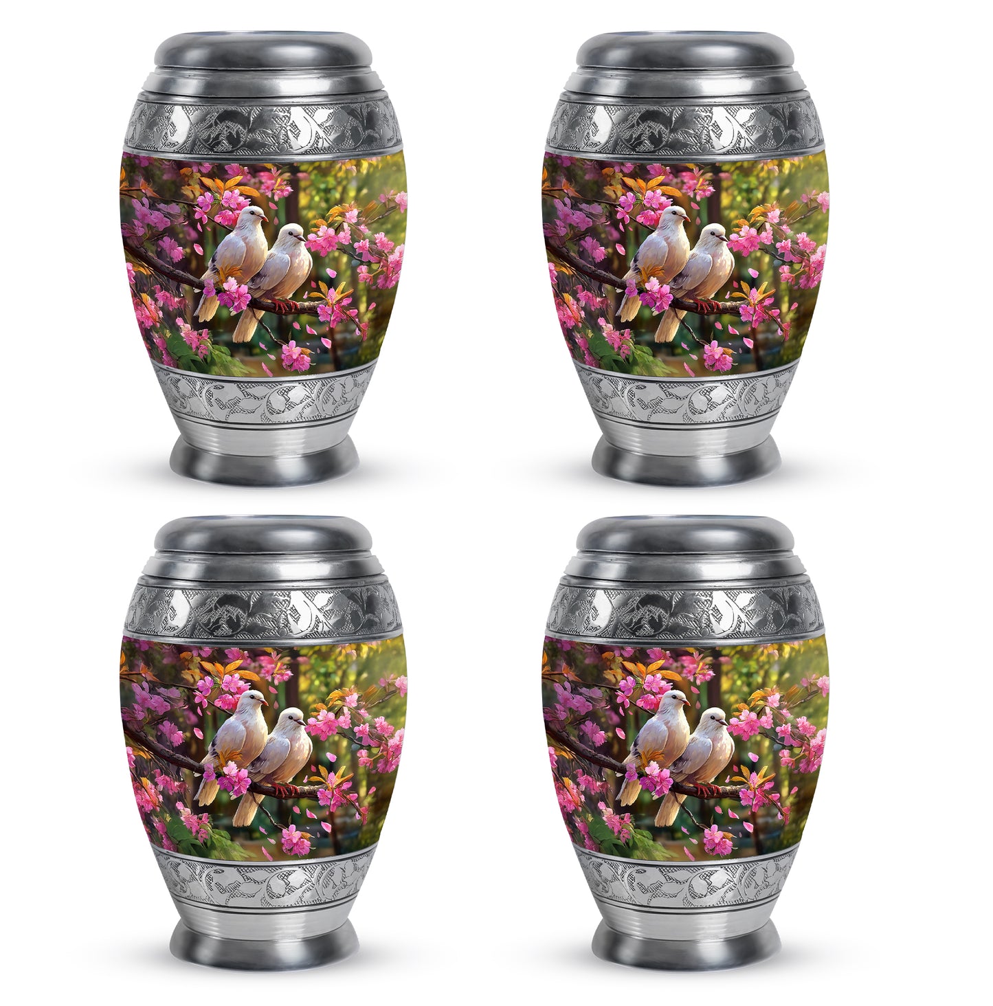 Charcoal Black Dove Cremation Urn urn with complimentary velvet bag - majestic dove pattern with filigree border - 10 inch aluminum urn for cremated remains