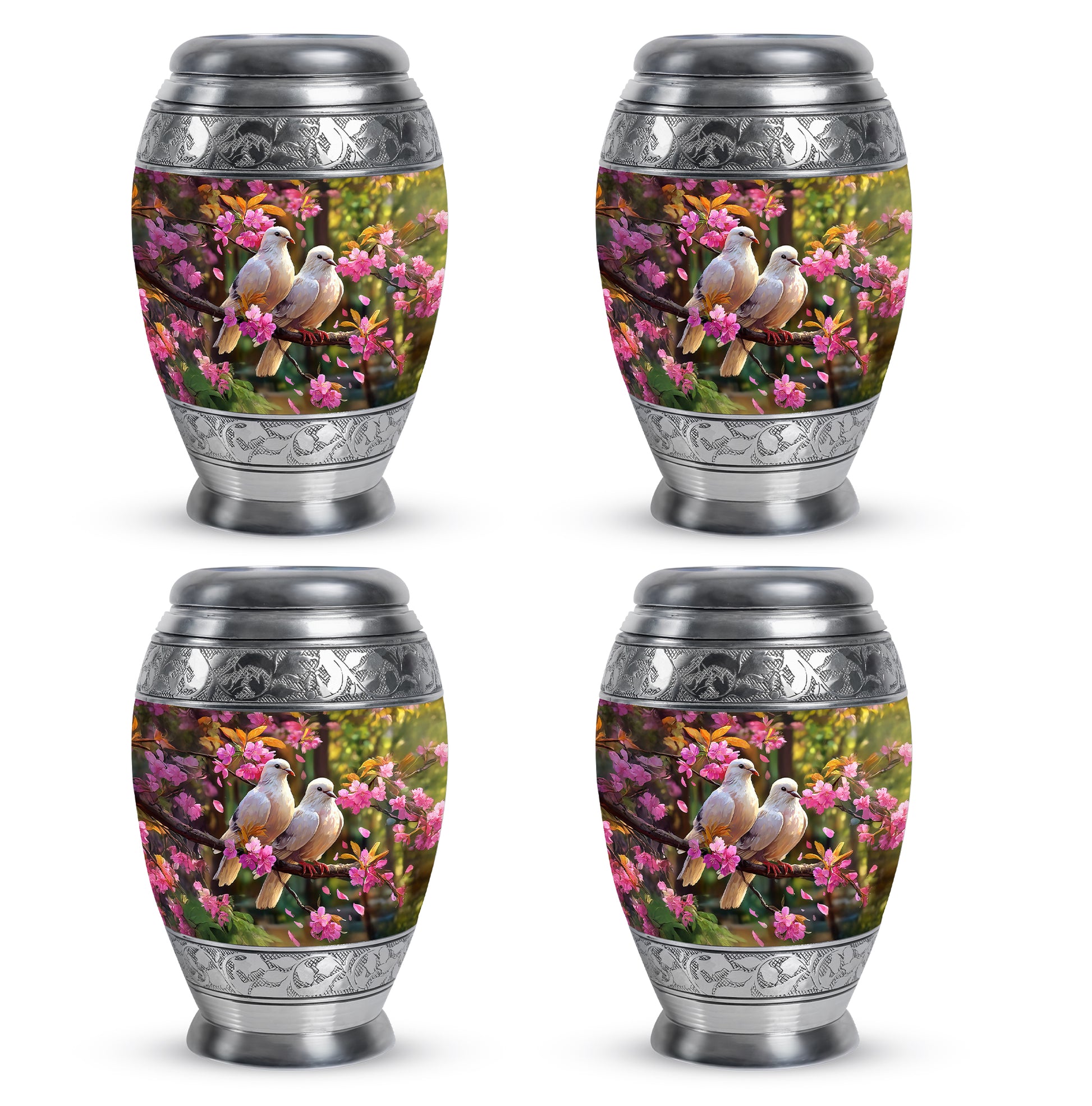 Charcoal Black Dove Cremation Urn urn with complimentary velvet bag - majestic dove pattern with filigree border - 10 inch aluminum urn for cremated remains