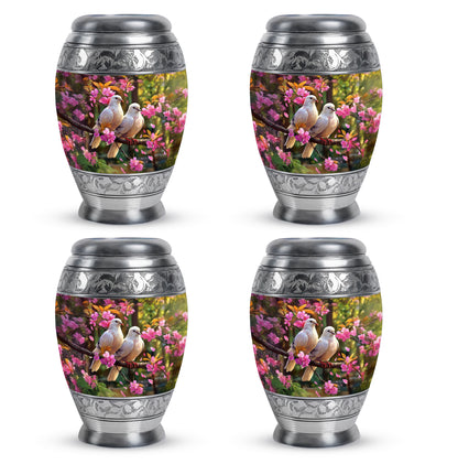 Charcoal Black Dove Cremation Urn urn with complimentary velvet bag - majestic dove pattern with filigree border - 10 inch aluminum urn for cremated remains