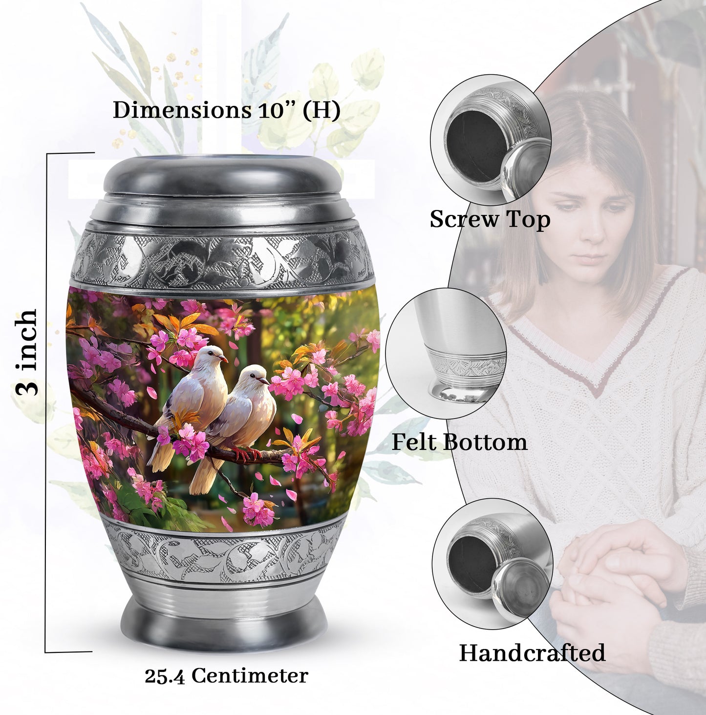 Dark Black Dove Cremation Urn lifestyle display on memorial shelf - majestic dove pattern with filigree border - mini keepsake memorial for portion of cremation ashes