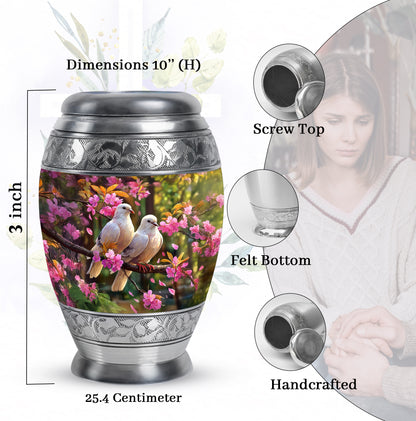 Dark Black Dove Cremation Urn lifestyle display on memorial shelf - majestic dove pattern with filigree border - mini keepsake memorial for portion of cremation ashes