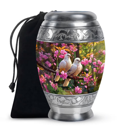Dark Black Dove Cremation Urn back view with polished surface - majestic dove pattern with filigree border - full-size 10 inch 200 cubic inch adult cremation urn