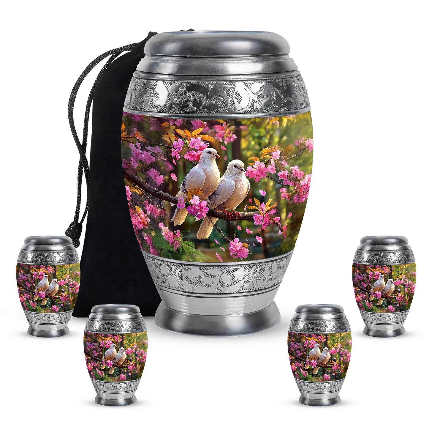 Glossy Black Dove Cremation Urn detail view - regal dove design with crown-inspired accents - memorial set with one large and four small urns