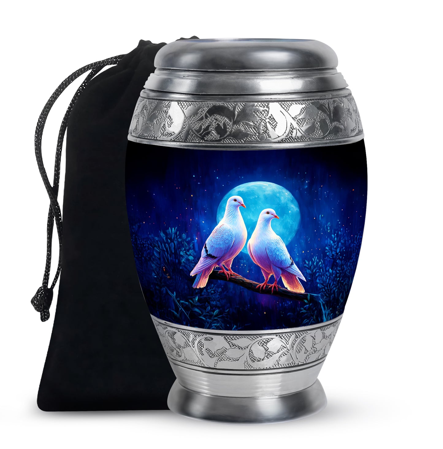 Sky Blue Dove Cremation Urn back view with polished surface - regal dove design with crown-inspired accents - full-size 10 inch 200 cubic inch adult cremation urn