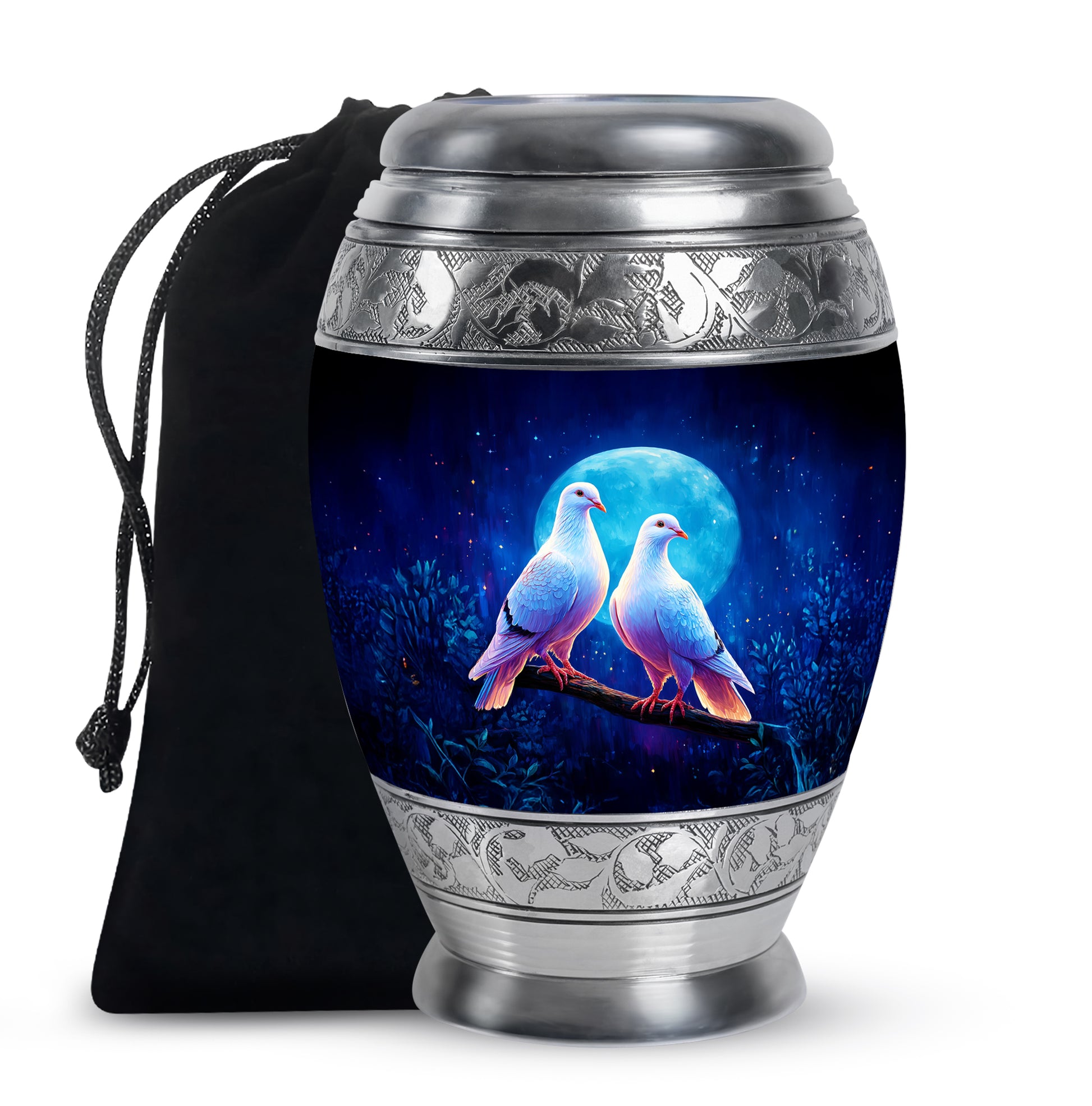 Sky Blue Dove Cremation Urn back view with polished surface - regal dove design with crown-inspired accents - full-size 10 inch 200 cubic inch adult cremation urn
