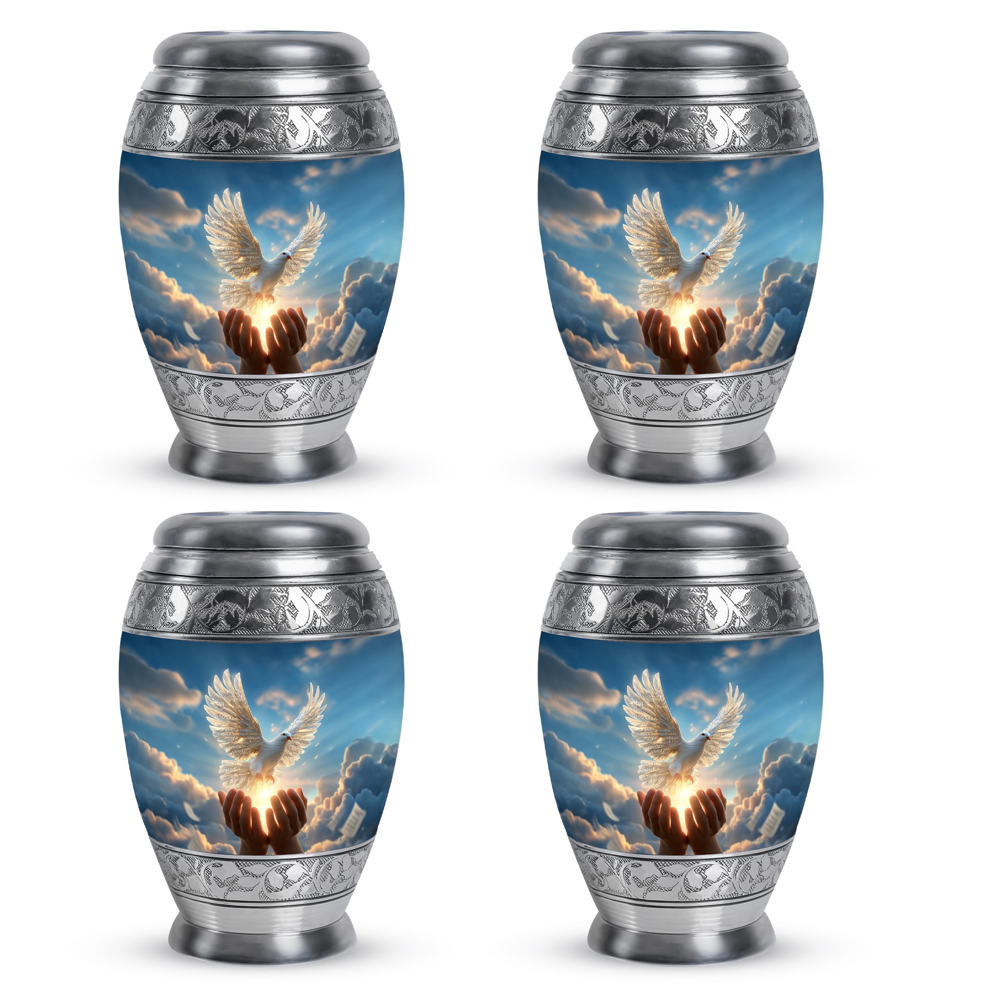 Misty Blue Dove Cremation Urn urn with complimentary velvet bag - ornate monarch-style dove relief on brushed aluminum - 10 inch aluminum urn for cremated remains