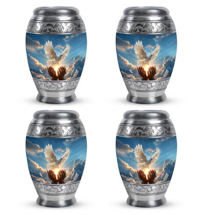 Misty Blue Dove Cremation Urn urn with complimentary velvet bag - ornate monarch-style dove relief on brushed aluminum - 10 inch aluminum urn for cremated remains
