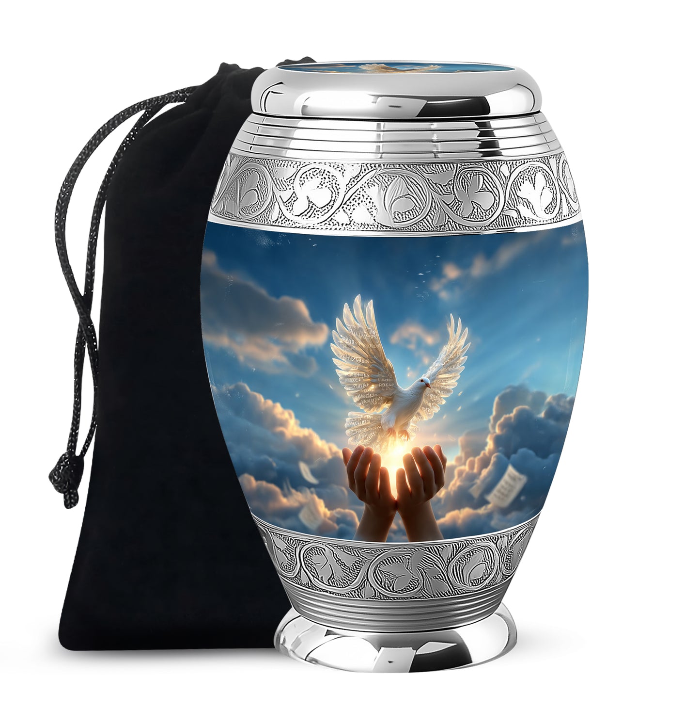 Steel Blue Dove Cremation Urn back view with polished surface - royal dove engraving with decorative scrollwork - full-size 10 inch 200 cubic inch adult cremation urn