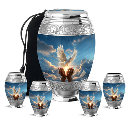 Royal Blue Dove Cremation Urn detail view - royal dove engraving with decorative scrollwork - memorial set with one large and four small urns