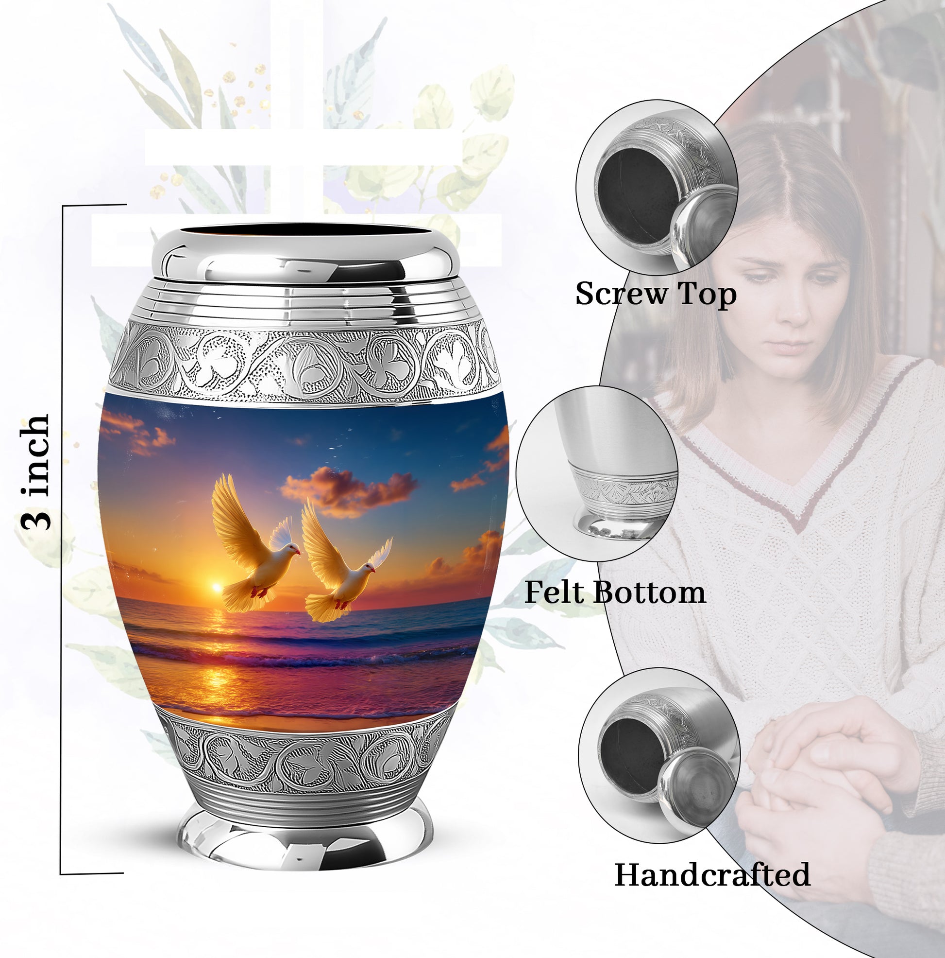 Misty Blue Dove Cremation Urn lifestyle display on memorial shelf - ornate monarch-style dove relief on brushed aluminum - mini keepsake memorial for portion of cremation ashes