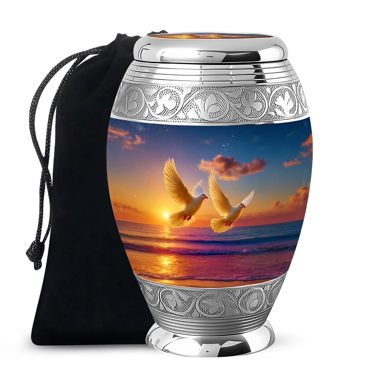 Icy Blue Dove Cremation Urn back view with polished surface - regal dove design with crown-inspired accents - full-size 10 inch 200 cubic inch adult cremation urn