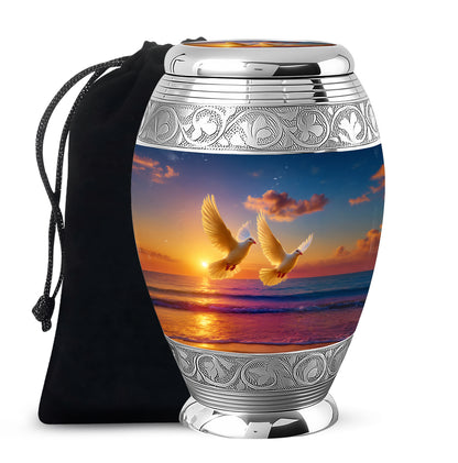 Icy Blue Dove Cremation Urn back view with polished surface - regal dove design with crown-inspired accents - full-size 10 inch 200 cubic inch adult cremation urn