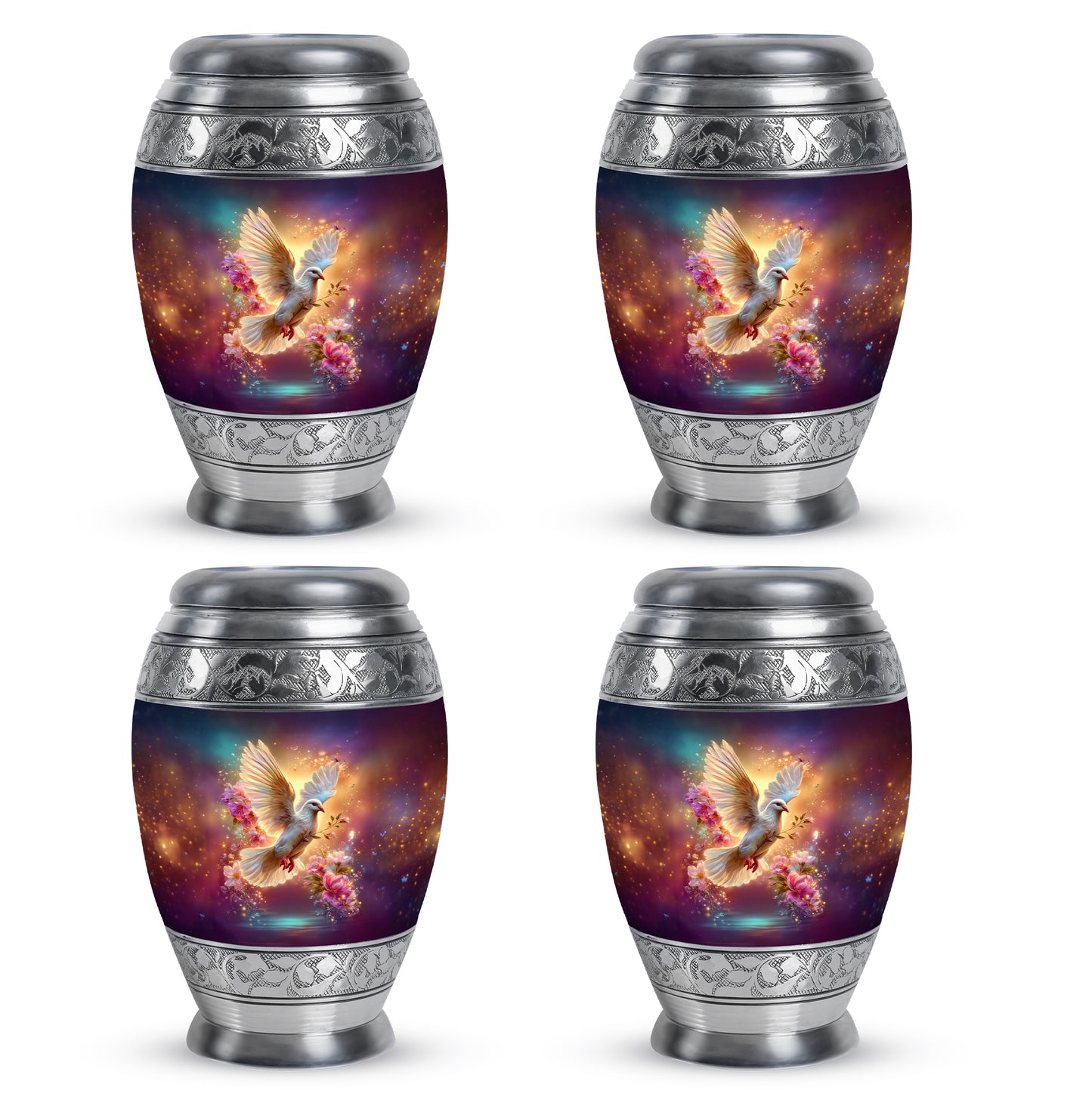 Bright Blue Dove Cremation Urn urn with complimentary velvet bag - royal dove engraving with decorative scrollwork - 10 inch aluminum urn for cremated remains