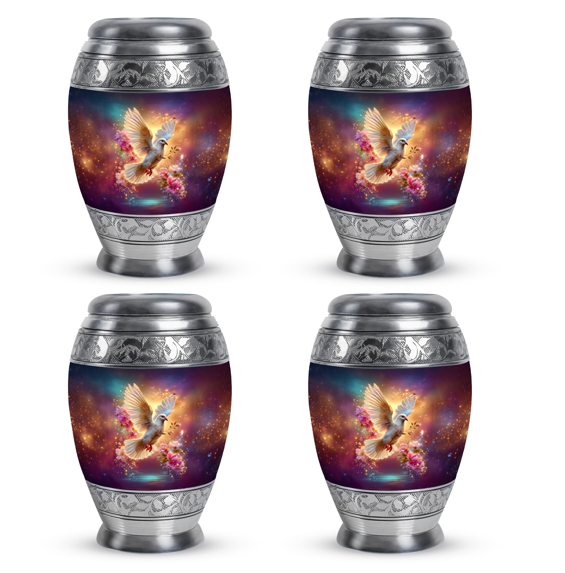 Bright Blue Dove Cremation Urn urn with complimentary velvet bag - royal dove engraving with decorative scrollwork - 10 inch aluminum urn for cremated remains