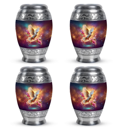 Bright Blue Dove Cremation Urn urn with complimentary velvet bag - royal dove engraving with decorative scrollwork - 10 inch aluminum urn for cremated remains