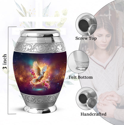 Vivid Blue Dove Cremation Urn lifestyle display on memorial shelf - royal dove engraving with decorative scrollwork - mini keepsake memorial for portion of cremation ashes