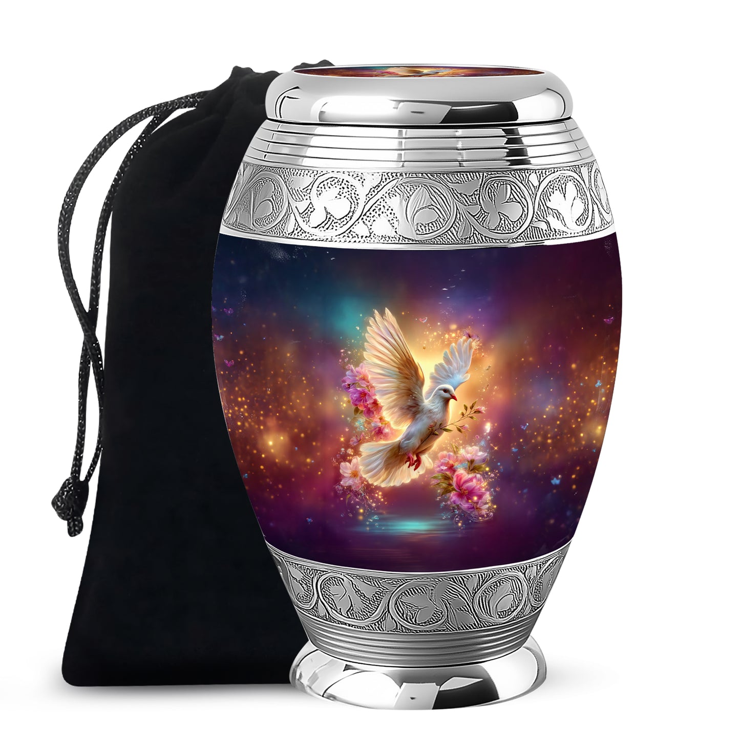 Icy Blue Dove Cremation Urn back view with polished surface - ornate monarch-style dove relief on brushed aluminum - full-size 10 inch 200 cubic inch adult cremation urn