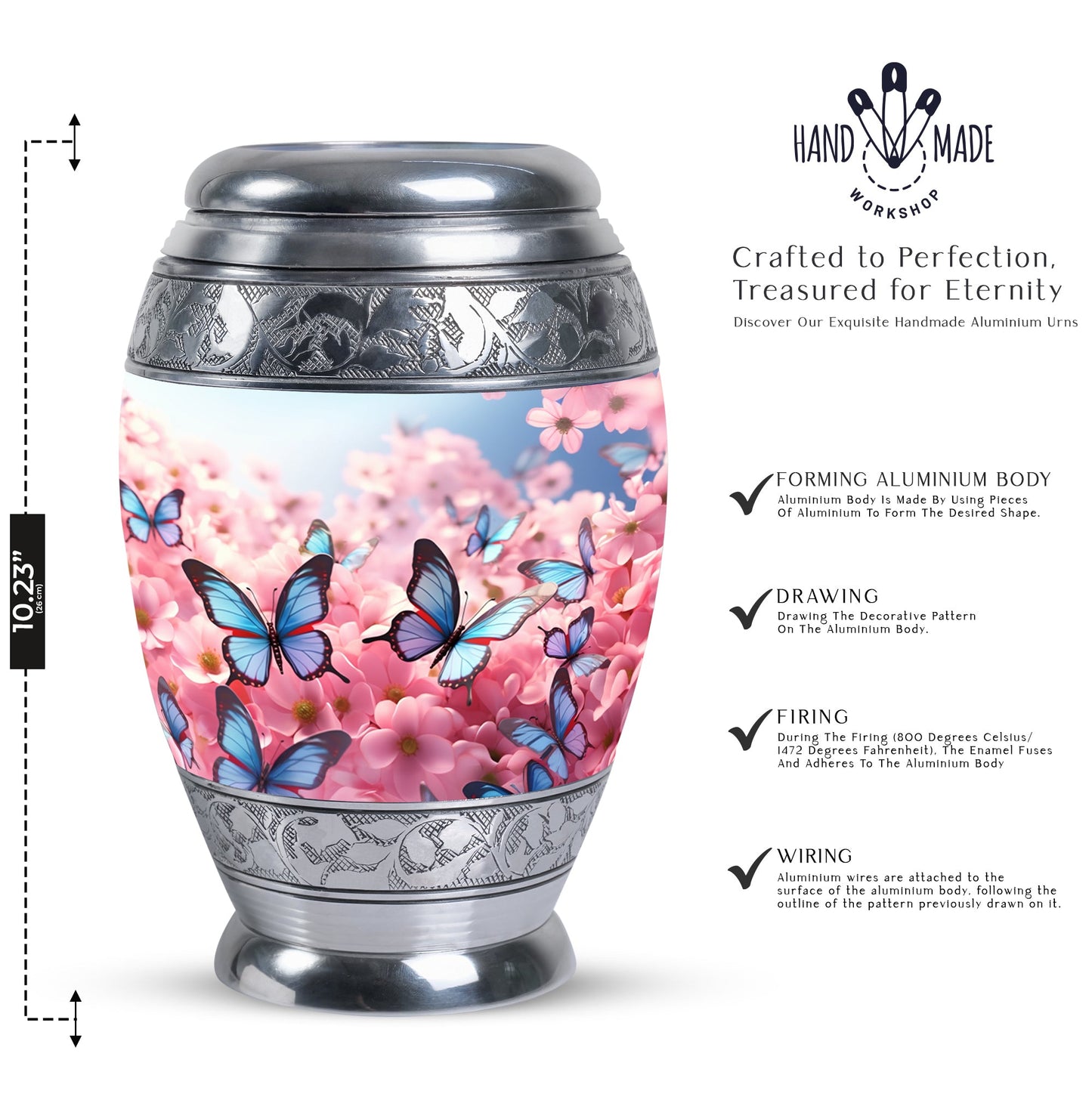 Blue Personalized Butterfly Memorial Urn for Women - 10-inch, 200 cu in - Yatskia