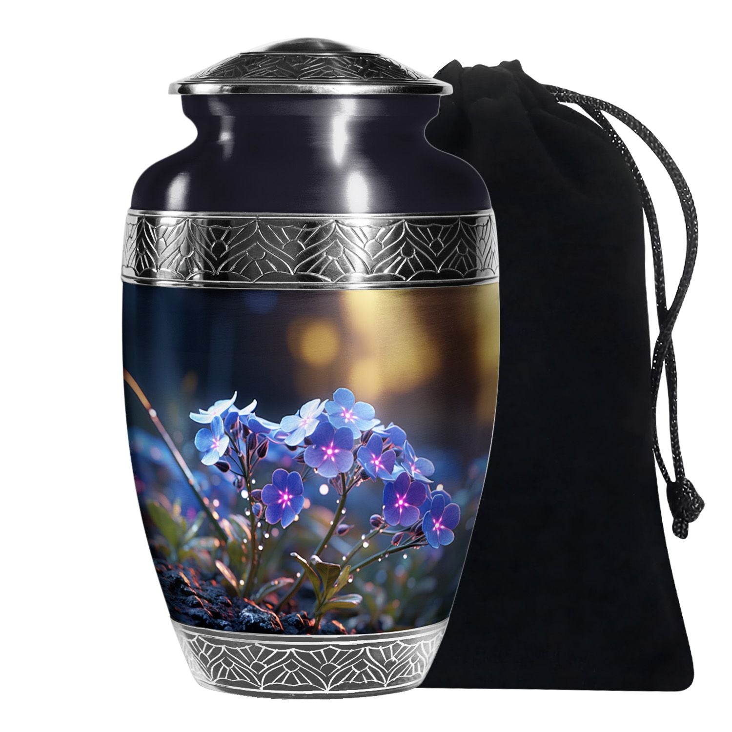 Blue Floral Memorial Urn for Adults - Black Floral Urns For Ashes Adult Male