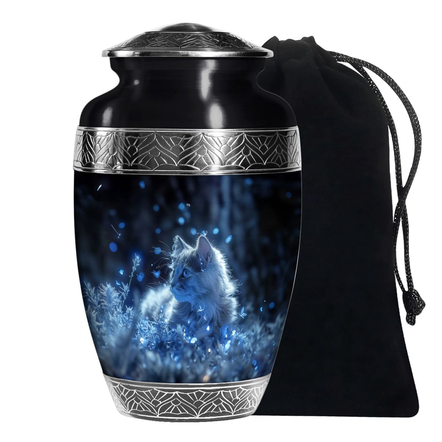 Cat Urn for Pet Ashes, Blue Cat Portrait with Sparkles, Memorial Urn