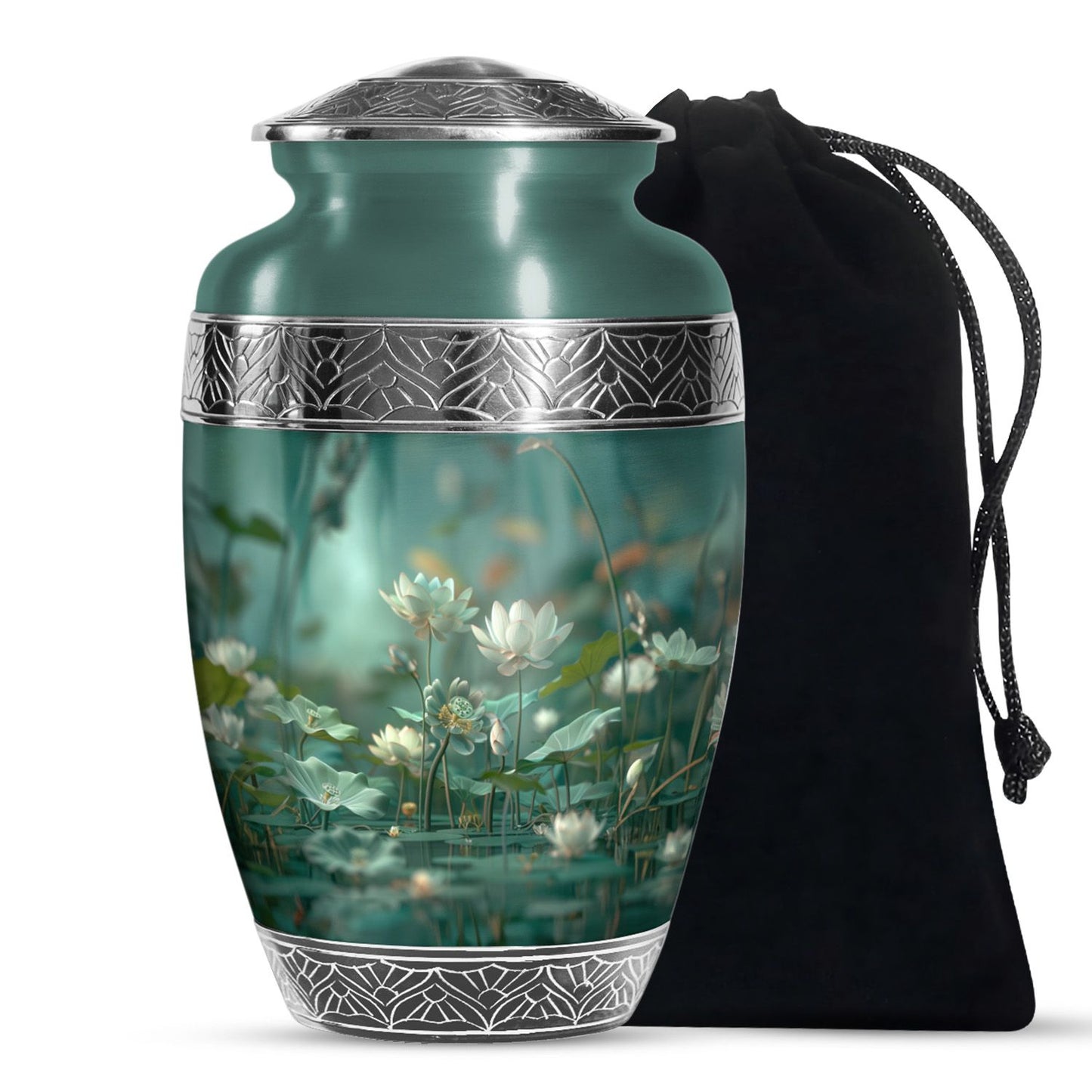 Green Personalized Flower Cremation Urn for Women - 10-inch, 200 cu in - Yatskia