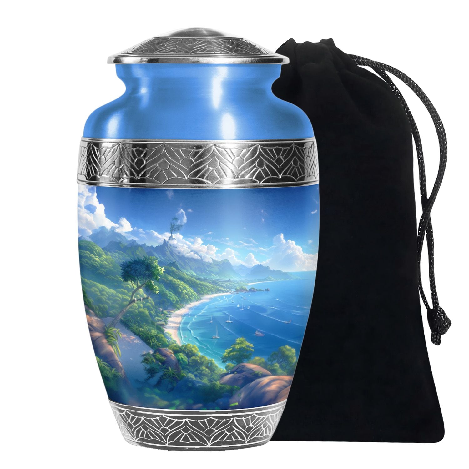 Ocean Waves Cremation Urn For Burial – Blue Sea Waves Beach Memorial Urn