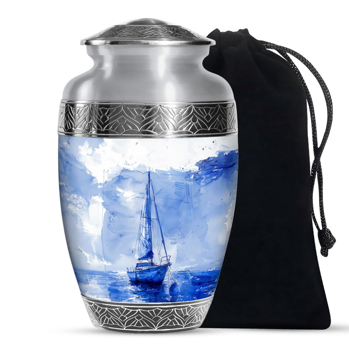 Boat Urn for Human Ashes, Blue Watercolor Sailboat, Cremation Urn