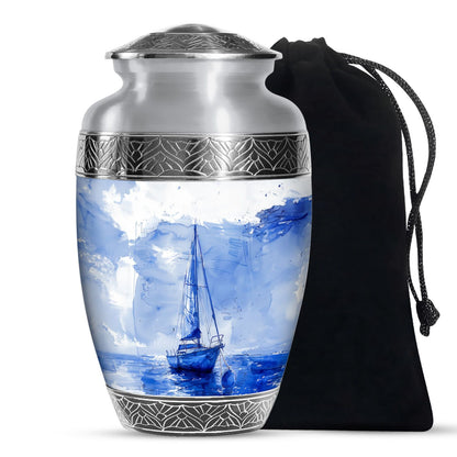 Boat Urn for Human Ashes, Blue Watercolor Sailboat, Cremation Urn