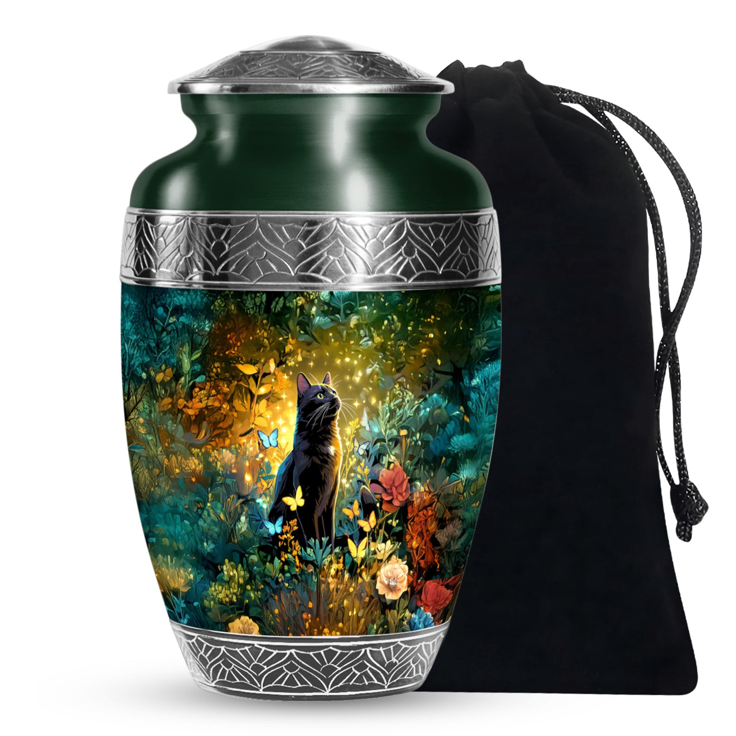 Black Cat Cremation Urn for Human Ashes - Colorful Butterflies Memorial Urn