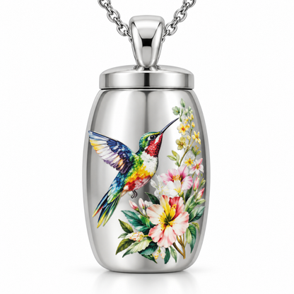 Hummingbird Cremation Necklace for Ashes | Floral Memorial Pendant