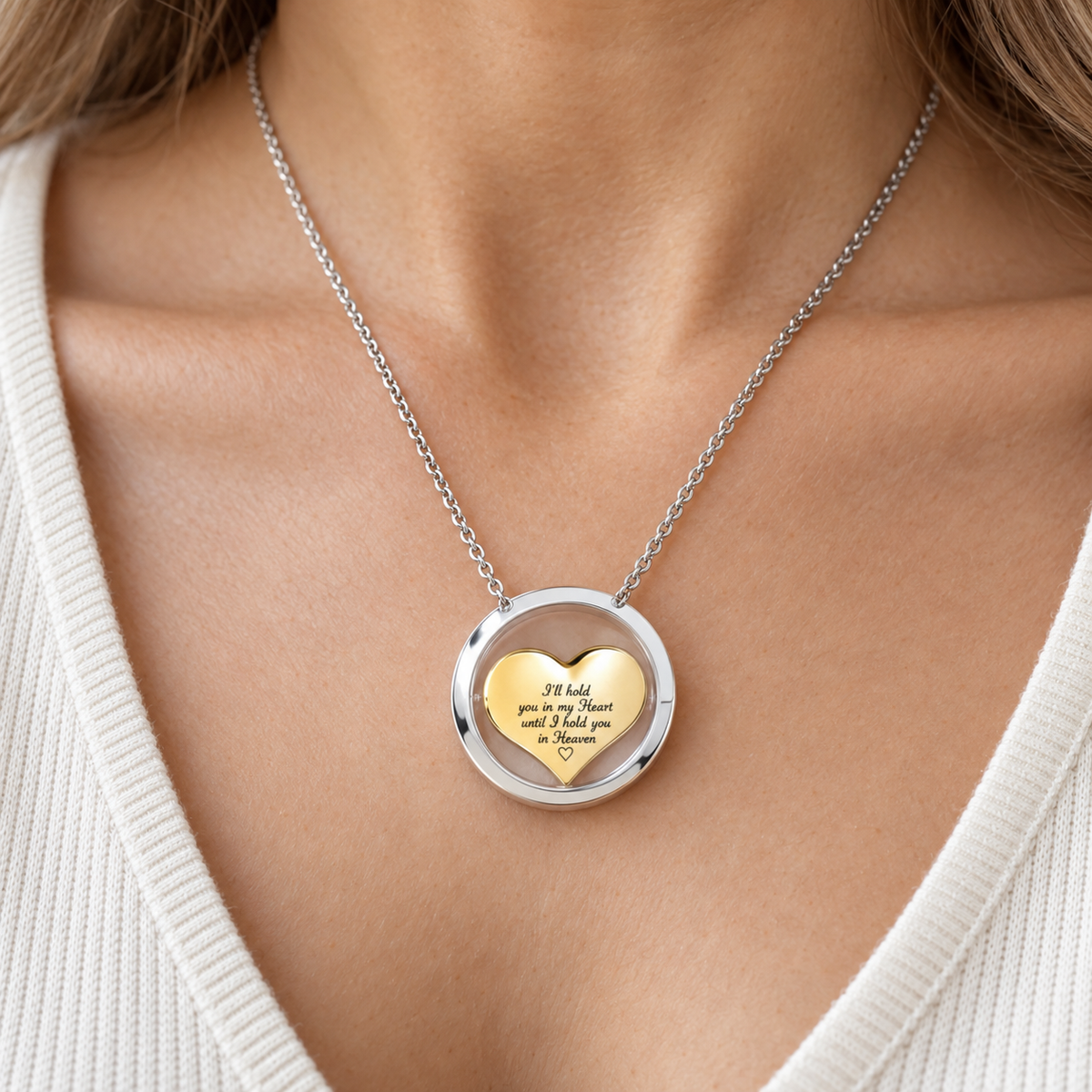 Silver-Tone Urn Pendant with Golden Heart | Memorial Necklace