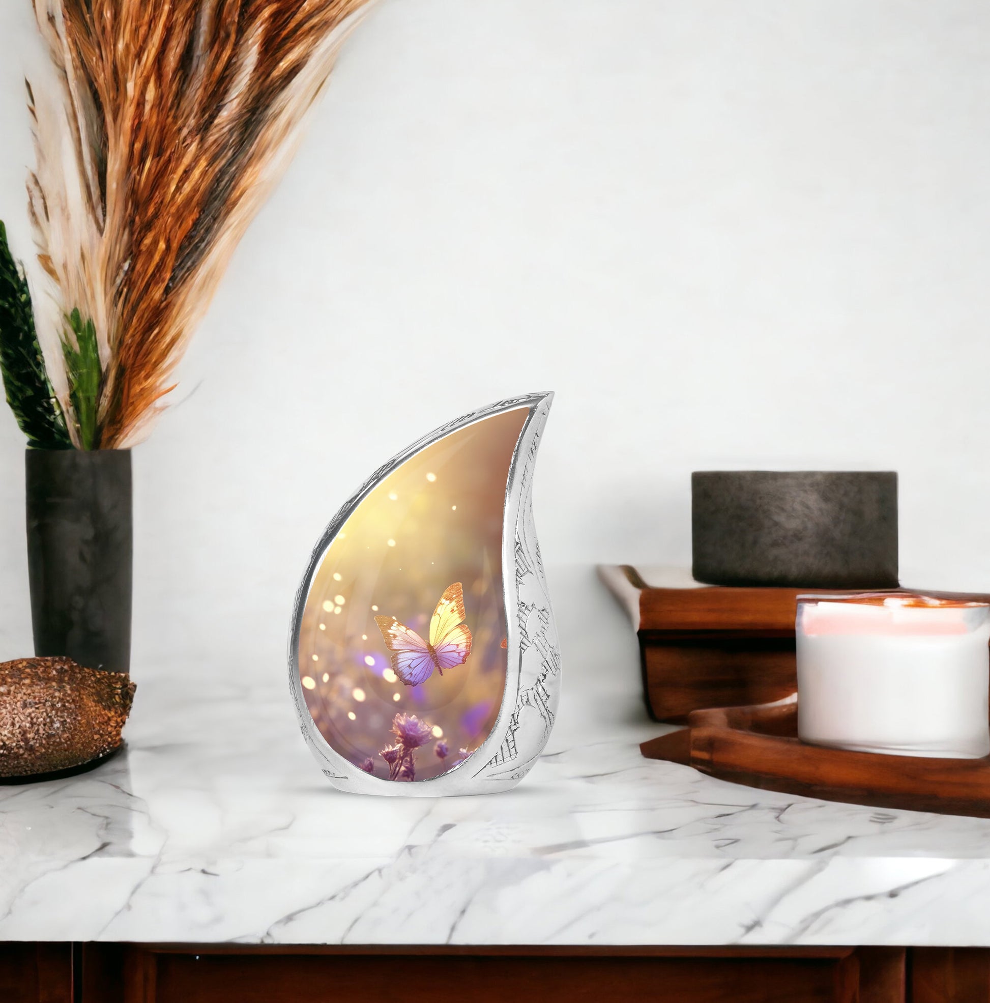 purple Butterfly & flower Urn - Sunset Memorial Urn For Funeral