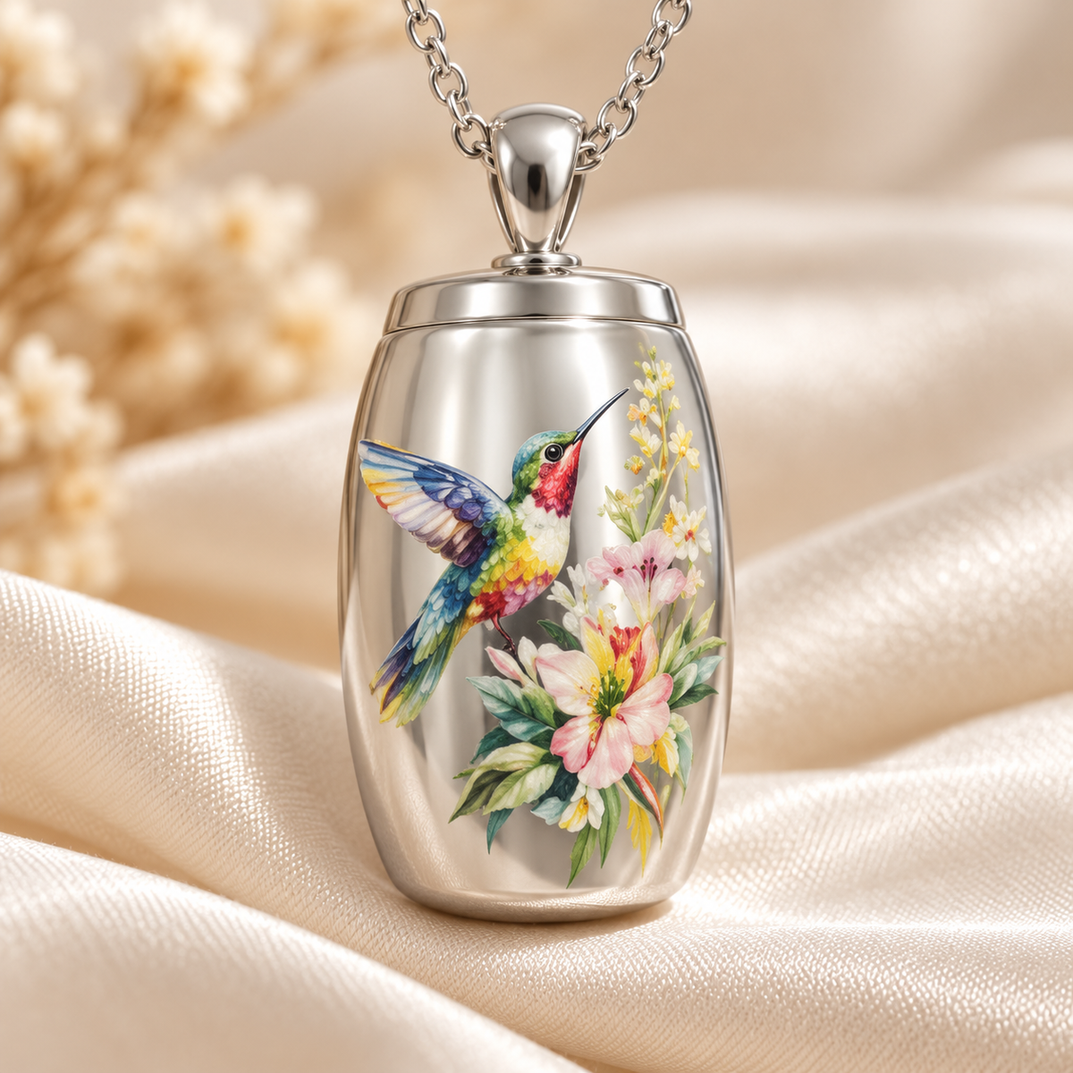 Hummingbird Cremation Necklace for Ashes | Floral Memorial Pendant